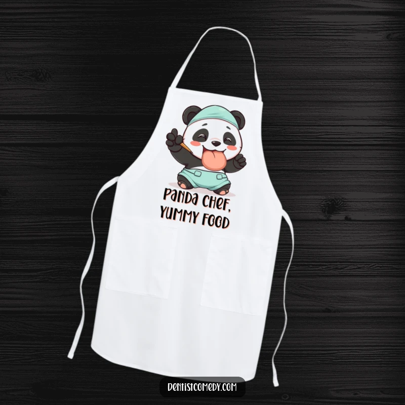 Funny apron with a smiling panda in dentist scrubs polishing a large tooth, ideal for kitchen use and dental humor fans, a funny gift.