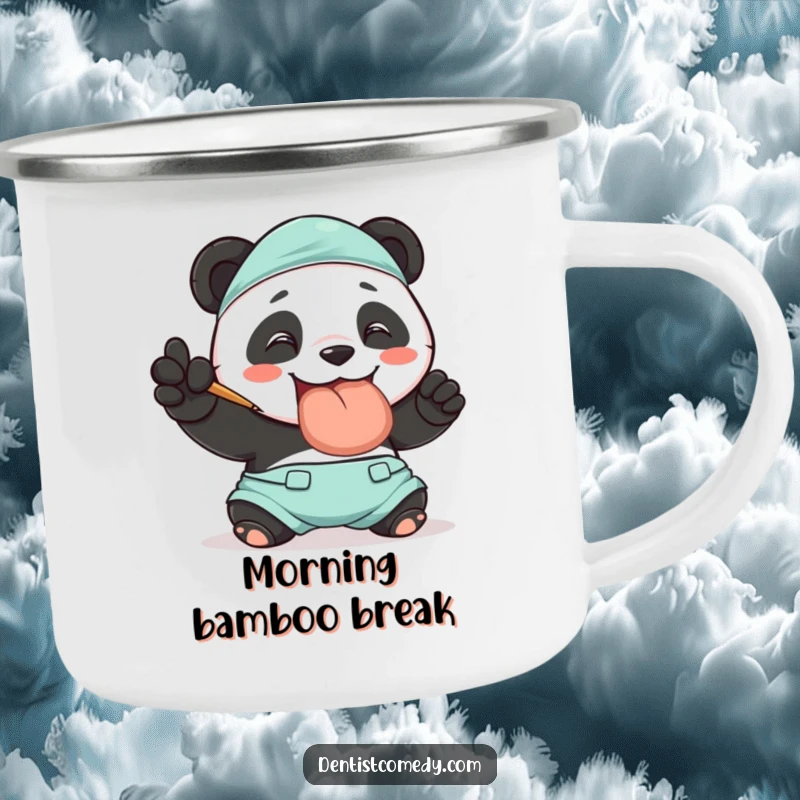 Funny camping mug with a smiling panda in dentist scrubs polishing a big tooth, perfect for outdoor enthusiasts who love humor.