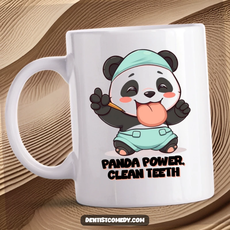 Funny mug with a smiling panda in dentist scrubs, polishing a giant tooth, representing dental hygiene and a good mood.