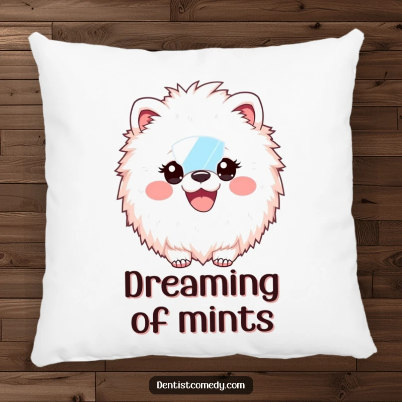 Funny Pillow: A fluffy animal dentist holds a dental mirror, beaming with a spectacular, bright smile, perfect for comfort.