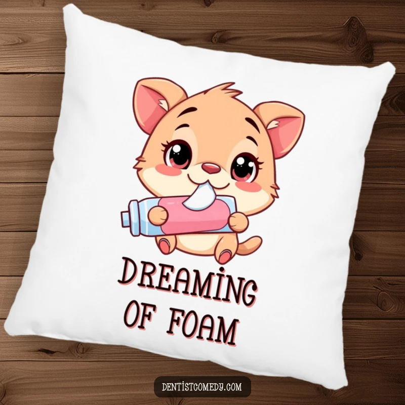Funny Pillow: Animal with enormous, wide eyes, happily squirting toothpaste from a tube, adding comfort and humor.