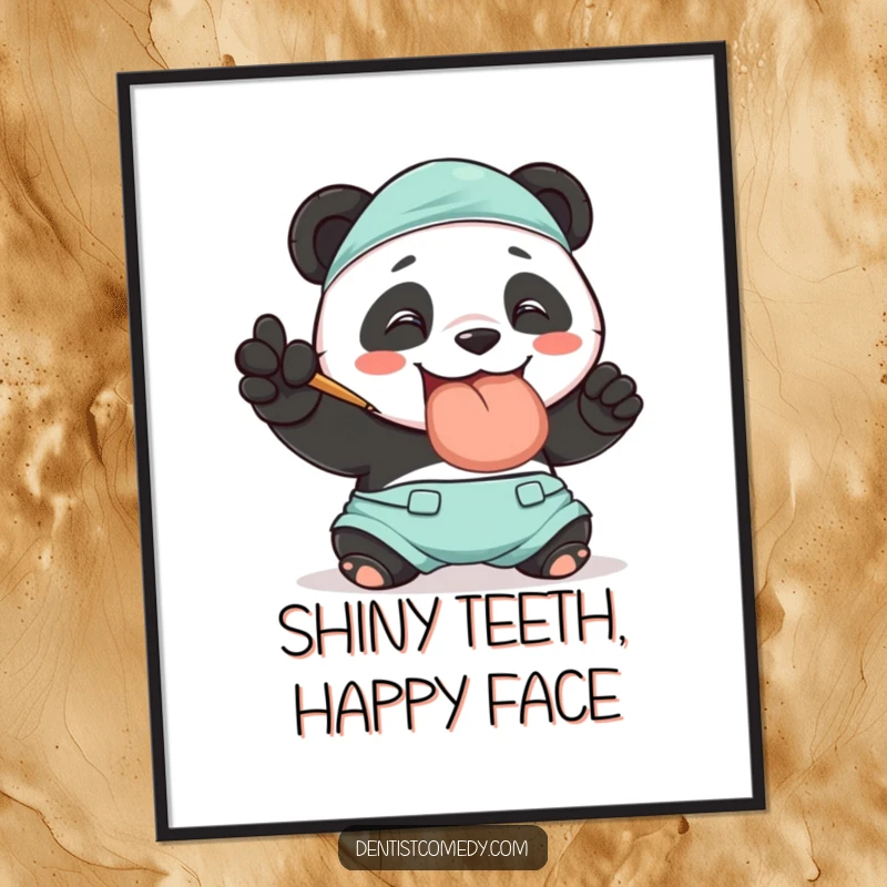 Funny digital art print of a smiling panda in dentist scrubs polishing a giant tooth, perfect for cheerful wall decor, a funny gift.