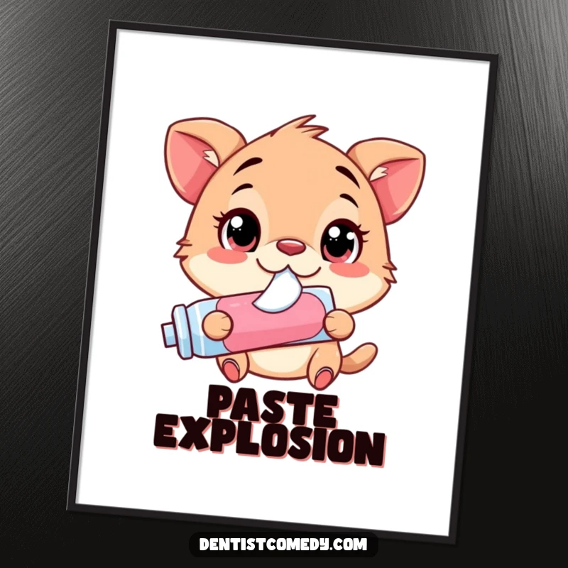 Funny Digital Art: Animal with wide eyes, happily squirting toothpaste from a tube, perfect for instant digital decor.