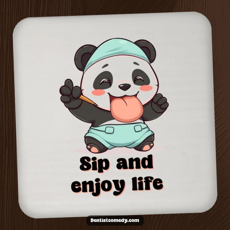 Funny drink coaster with a smiling panda in scrubs polishing a large tooth, adding dental humor and protection to surfaces.