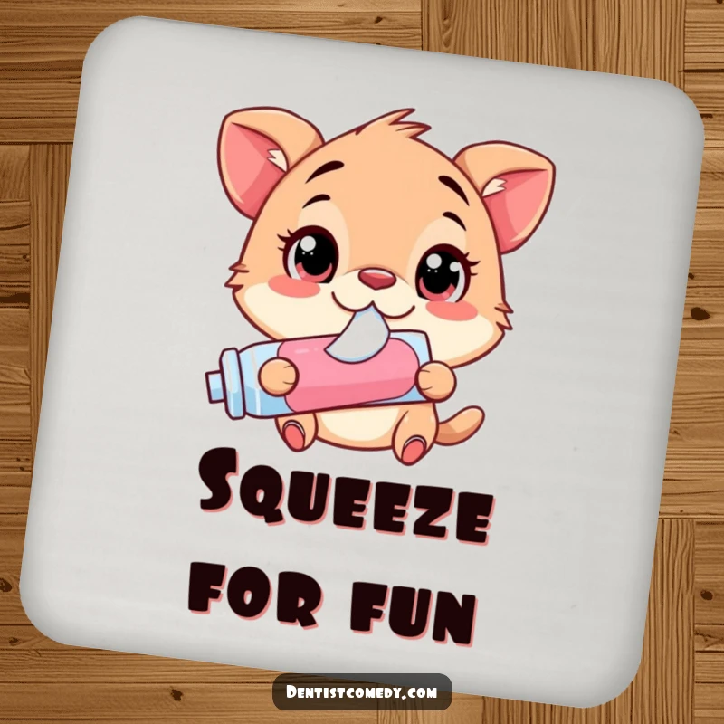 Funny Coaster: Animal with wide eyes, gleefully squirting toothpaste from a tube, protecting surfaces from spills.