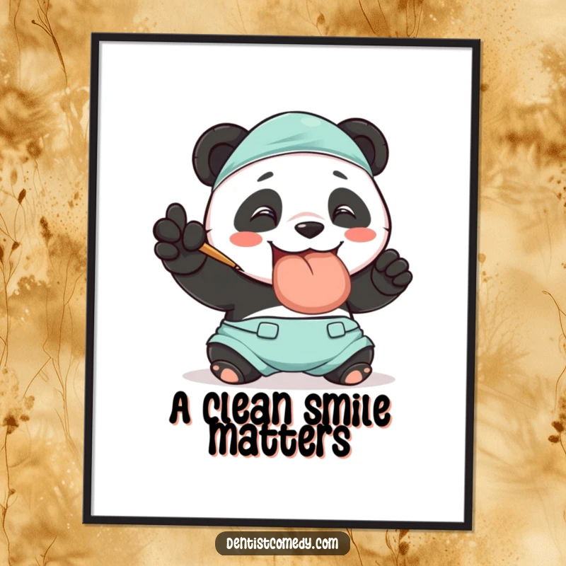 Funny poster showing a smiling panda in dentist scrubs polishing a massive tooth, perfect wall art for dental clinics and panda fans.