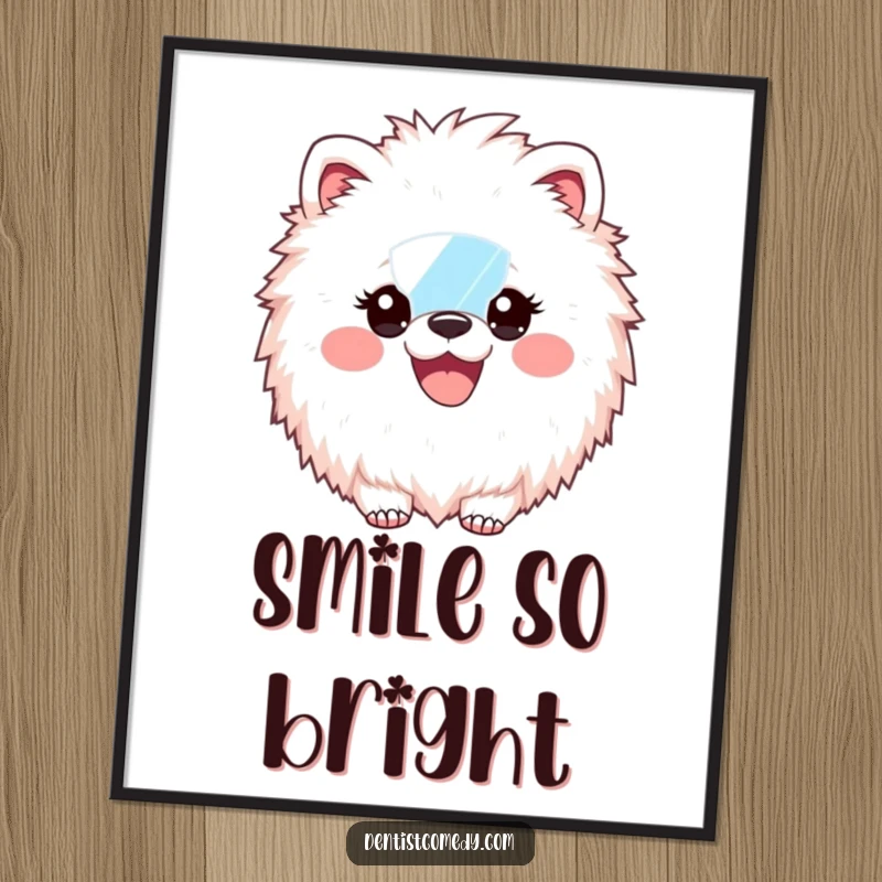 Funny Poster: Fluffy animal dentist proudly displays a shiny, bright smile while holding a dental mirror, bringing cheer to walls.