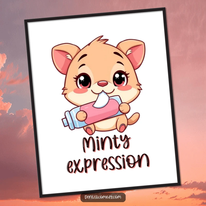 Funny Poster: Animal with comically wide eyes, joyfully squirting toothpaste from a tube, creating a humorous scene.