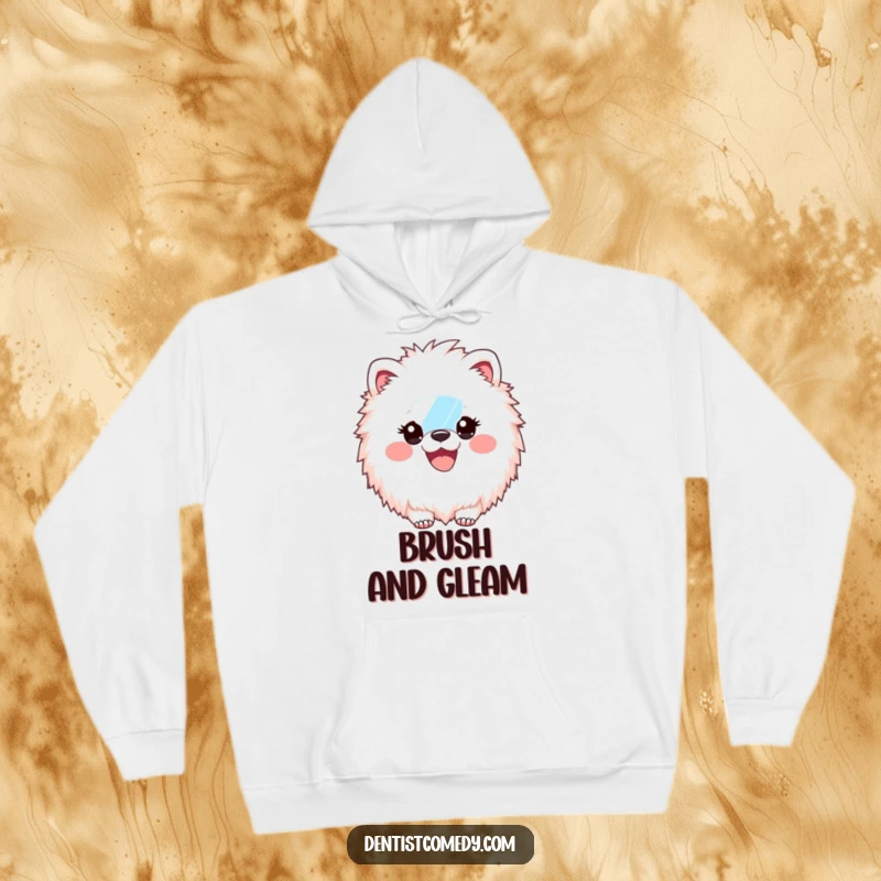 Funny Hoodie: Fluffy animal dentist poses with a dental mirror, showcasing an enormous, gleaming smile, exuding happiness and charm.
