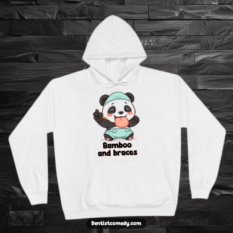 Funny hoodie with a smiling panda in scrubs polishing a large tooth, excellent for warmth and dental-themed amusement, a funny gift.