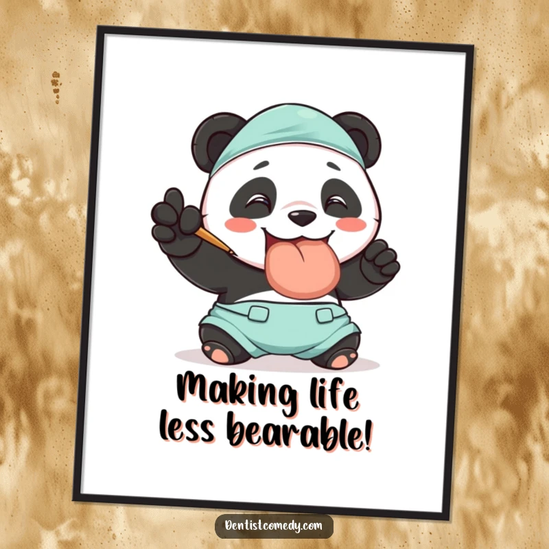 Funny Free Printable Wall Art: Smiling panda in scrubs polishing an oversized tooth, whimsical downloadable art.