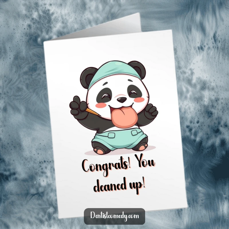 Funny Free Printable Congrats Card: Smiling panda in scrubs polishing a giant tooth, a DIY celebration.