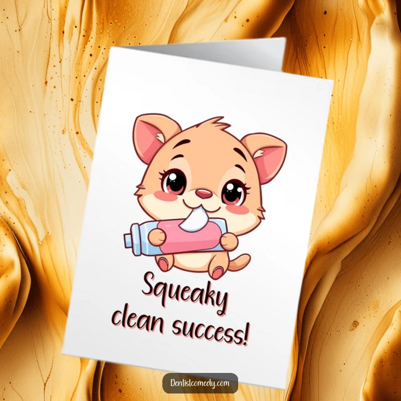 Funny Free Printable congratulations card featuring an animal with wide, happy eyes, squirting toothpaste from a tube, perfect for any achievement.