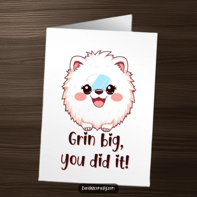 Funny Free Printable congratulations card with a fluffy animal showing off a brilliant smile after a dental check-up, perfect for any occasion.