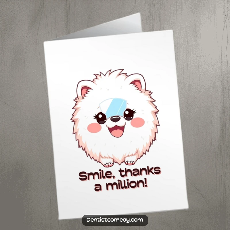 Funny Free Printable thank you card featuring a fluffy animal with a dazzling smile and a dental mirror, expressing gratitude with humor.