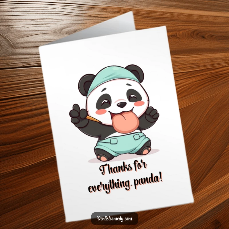 Funny Free Printable Thank You Card: Smiling panda in scrubs polishing a giant tooth, a DIY gift.