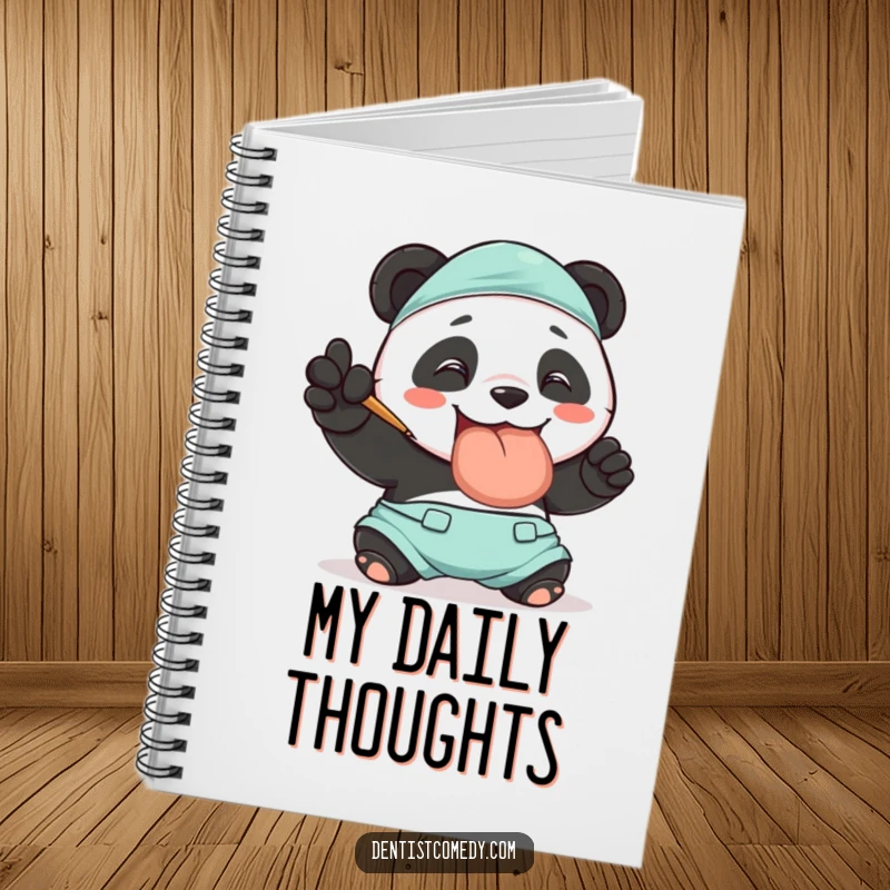 Funny notebook with a smiling panda in scrubs and a giant tooth, perfect for jotting down thoughts with a touch of dental whimsy.