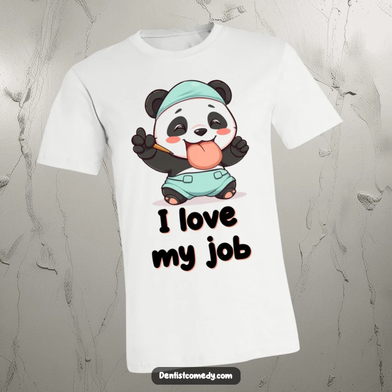 Funny t-shirt featuring a smiling panda in scrubs polishing a huge tooth, perfect for dental professionals and panda enthusiasts, a funny gift.