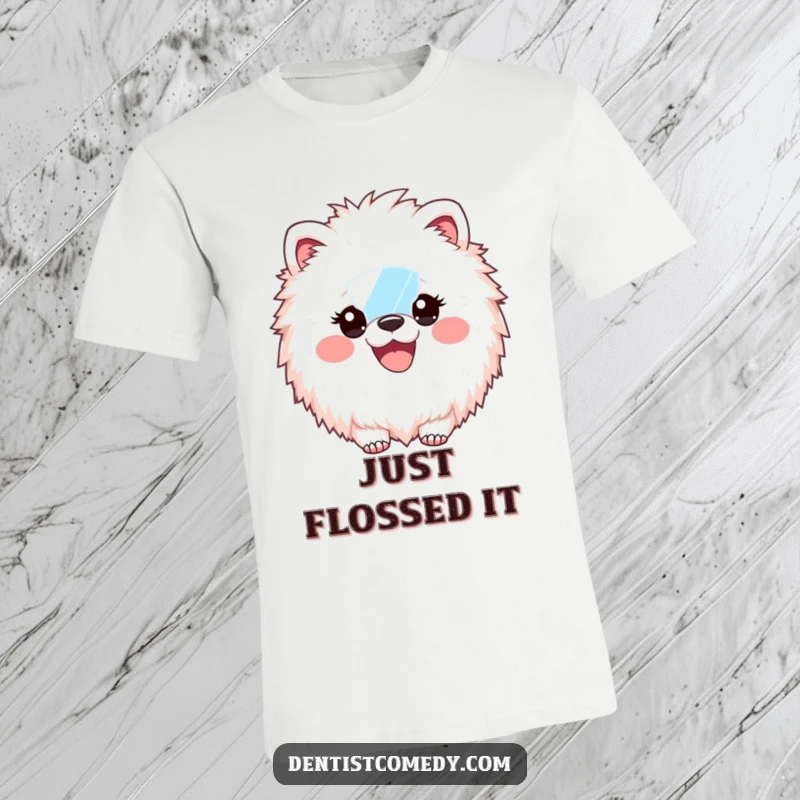 Funny T-Shirt: Fluffy animal acting as a dentist, holding a dental mirror, proudly displaying a massive, bright smile, full of cheer.