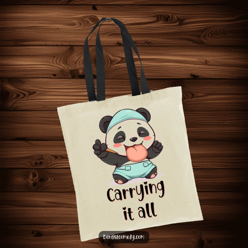 Funny tote bag with a smiling panda in scrubs polishing a large tooth, symbolizing dental hygiene and charm, a practical funny gift.