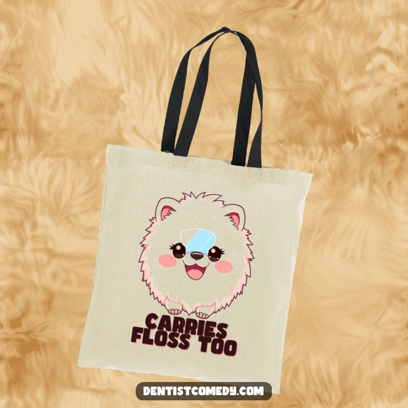 Funny Tote Bag: Fluffy animal dentist holding a dental mirror, displaying a wide, happy, bright smile, ready for errands.
